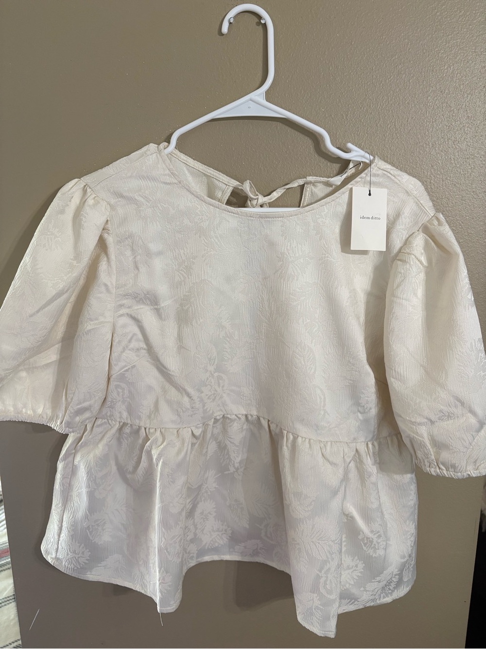 Ivory Floral Jacquard Peplum Tunic with Tie-Back
